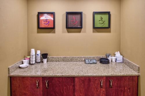 a bathroom with a counter with four pictures on the wall at Hampton Inn & Suites Rifle in Rifle