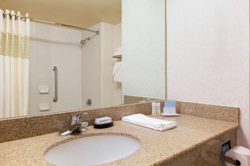 a bathroom with a sink and a mirror at Hampton Inn San Marcos in San Marcos