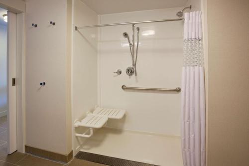 La salle de bains est pourvue d'une douche avec rideau de douche. dans l'établissement Hampton Inn Spicer Green Lake, MN, à Spicer