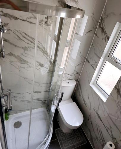 a bathroom with a toilet and a glass shower at The Private Rooms in Paddington in London