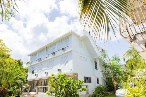 a white building with trees in front of it at Vieques Tropical Guest House in Vieques