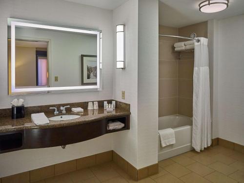 ein Badezimmer mit einem Waschbecken, einer Badewanne und einem Spiegel in der Unterkunft Hilton Garden Inn Gatlinburg in Gatlinburg