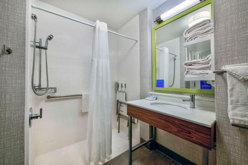 uma casa de banho com um lavatório e um chuveiro em Hampton Inn Cortland em Cortland