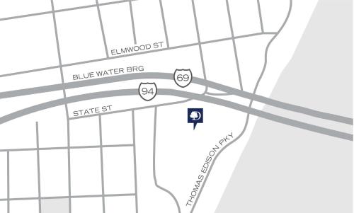 a map of the intersection of blue water street and streeteast at DoubleTree by Hilton Port Huron in Port Huron