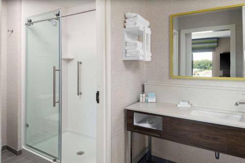 a bathroom with a shower and a sink and a mirror at Hampton Inn & Suites Avon Indianapolis in Avon