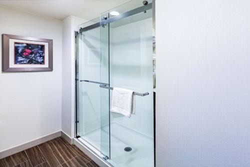 a shower with glass doors in a bathroom at Hampton Inn North Little Rock McCain Mall, AR in North Little Rock