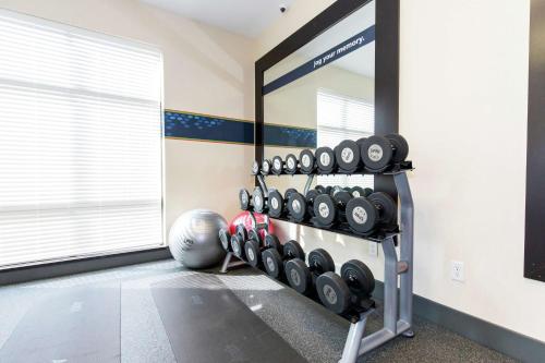 a gym with a rack of dumbbells in a room at Hampton Inn and Suites Sandusky/Milan in Milan