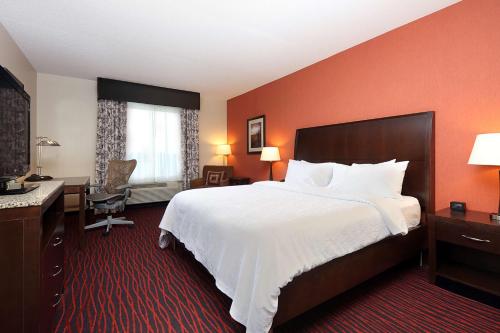 Una habitación de hotel con una cama grande y un escritorio. en Hilton Garden Inn Clifton Park, en Clifton Park