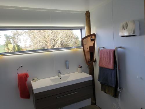 a bathroom with a sink and a window at Shargmor Stable in Matamata