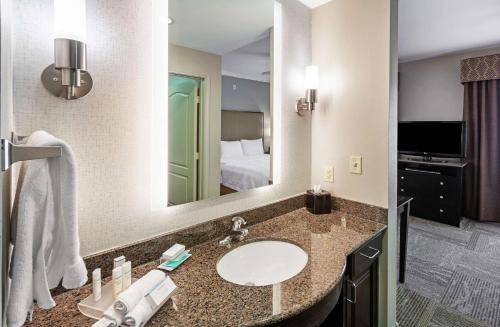 baño con lavabo y espejo grande en Homewood Suites by Hilton Waco, en Waco