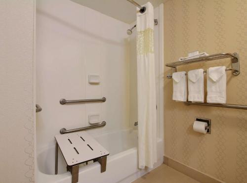 a bathroom with a shower and a bathtub with a bench at Hampton Inn Savannah-I-95/Richmond Hill in Richmond Hill