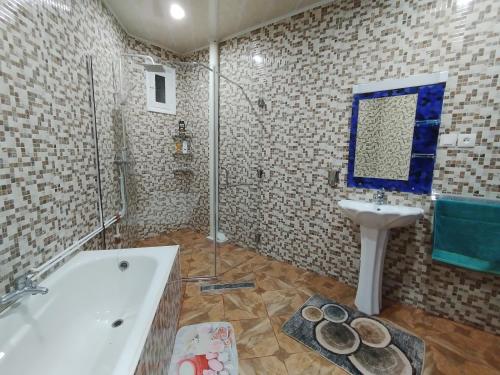 ein Bad mit einer Badewanne, einem Waschbecken und einer Dusche in der Unterkunft Appartement à louer à Tlemcen in Tlemcen