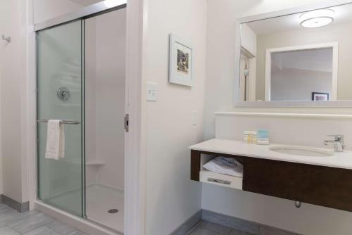 W łazience znajduje się prysznic i umywalka. w obiekcie Hampton Inn & Suites West Lafayette, In w mieście West Lafayette