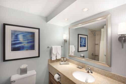 uma casa de banho com um lavatório e um espelho em Hilton Long Island/Huntington em Melville
