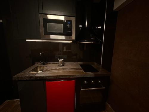 a kitchen with a sink and a microwave at Monkey Room in La Línea de la Concepción