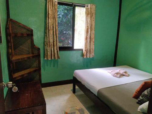 a green room with two beds and a window at Charity Pension House in San Vicente