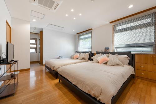 a bedroom with two beds and a television in it at AOI Sauna SPA & Dog Villa HAKODATE in Hakodate