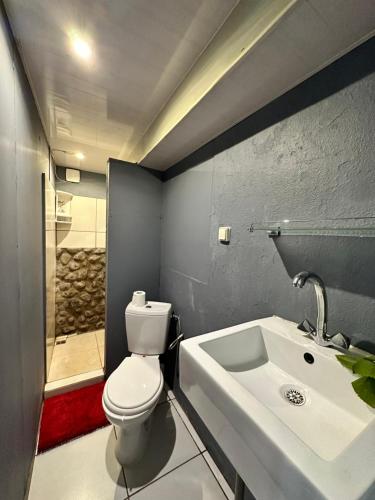 ein Badezimmer mit einer weißen Toilette und einem Waschbecken in der Unterkunft Kahea Ragni in Punaauia