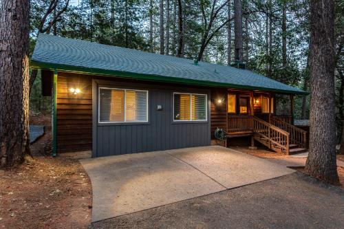 una piccola cabina nel bosco con un albero di Nature's Nook - Blissful Cabin in the Woods a Placerville