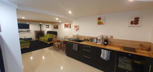 a kitchen with a counter and a living room at Country Side in Salins
