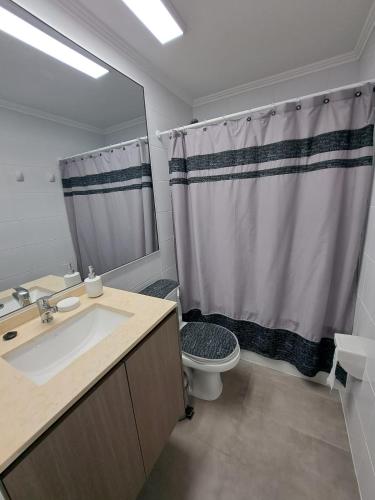 baño con lavabo y cortina de ducha en EDIFICIO LYNCH CENTRO IQUIQUE, en Iquique