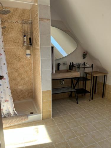 a bathroom with a shower and a desk in a attic at Casa din Deal-Cincu in Cincu