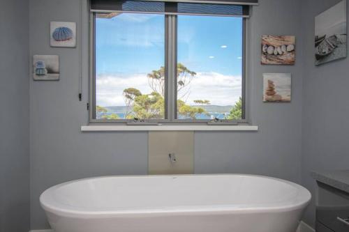 uma casa de banho com uma banheira branca e uma janela em Alfra 23 em Albany