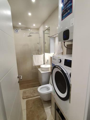 a bathroom with a toilet and a washing machine at LUX Centro Storico in Sarajevo