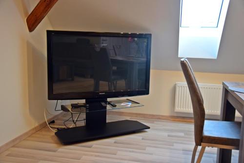a flat screen tv sitting on a stand in a room at Ferienwohnungen Straußenfarm Burkhardt in Schmölln