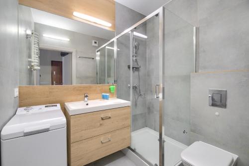 a bathroom with a shower and a sink and a toilet at Gąsiorowskich Beige Apartment in Poznań