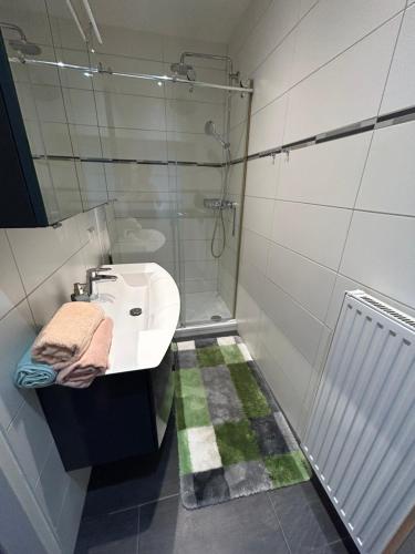 a bathroom with a sink and a shower at Große Ferienwohnung in Klagenfurt