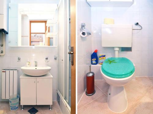 Cute and Cosy apartment في زغرب: صورتين لحمام مع مرحاض ومغسلة