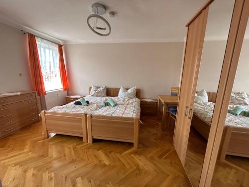 een slaapkamer met 2 bedden en een spiegel bij Große Ferienwohnung in Klagenfurt