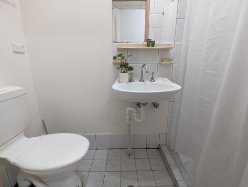 a white bathroom with a toilet and a sink at Studio 21 - Wright Lodge in Adelaide