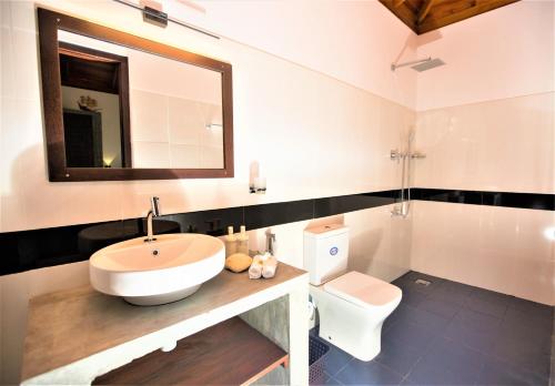 a bathroom with a sink and a toilet and a mirror at Sea Shell Villa Hikkaduwa 2 Separate Cabanas Ocean Front Villa in Hikkaduwa