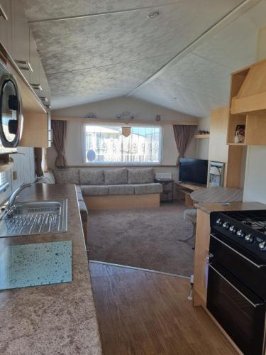 a kitchen and living room of a caravan at Pg151 PALM GROVE THE GOLDEN PALM CHAPEL ST LEONARDS in Chapel Saint Leonards