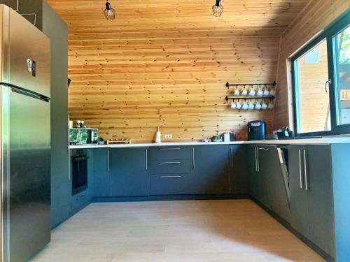 a kitchen with blue cabinets and a wooden wall at Cabana A Vaideeni in Vaideeni