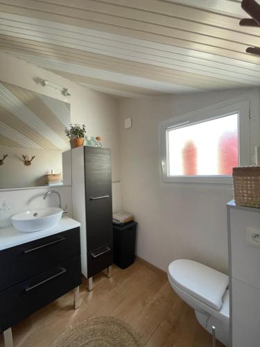 La salle de bains est pourvue d'un lavabo, de toilettes et d'une fenêtre. dans l'établissement Petit maison avec terrasse proche de Rouen 1h30 de Paris, à Bihorel