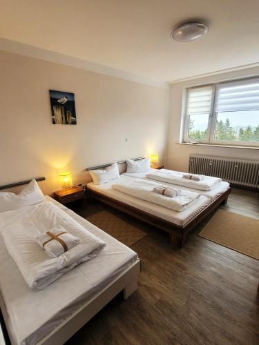 twee bedden in een grote kamer met twee lampen bij Winterberg Appartement 21123 in Winterberg