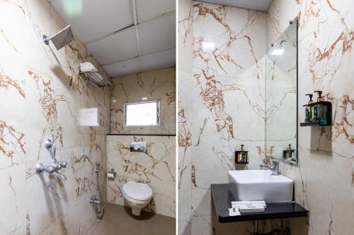 two pictures of a bathroom with a toilet and a sink at Hotel Kalinga in Indore