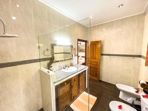 a bathroom with a sink and a mirror at Cocotier du Rocher in La Digue
