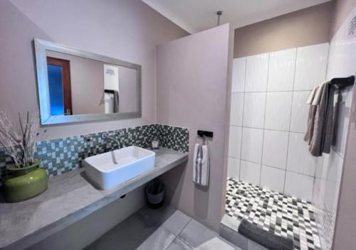 bagno con lavandino e specchio di Turaco Lodge - No Loadshedding a Marloth Park