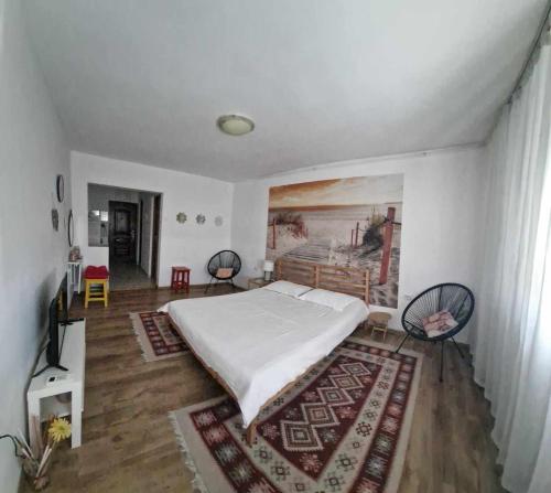 1 dormitorio con 1 cama y una pintura en la pared en Sunny Place Garsoniera -posibilitate self check in en Craiova