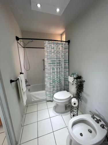 a bathroom with a toilet and a tub and a sink at Pearl of the East in Ceiba with Ocean View and Private Rooftop in Santa Maria