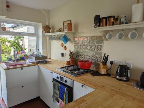 - une cuisine avec un comptoir et une cuisinière four supérieur dans l'établissement Cosy family cottage south Somerset, à Long Sutton