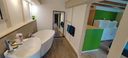 La salle de bains est pourvue de 2 lavabos et d'un mur vert. dans l'établissement Palais des Rois d'Aragon, à Montpellier