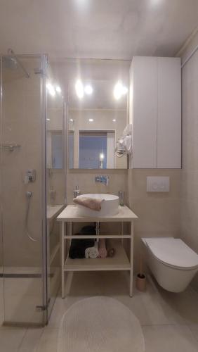 y baño con lavabo, ducha y aseo. en Apartments Lucija-Klara, en Brodarica