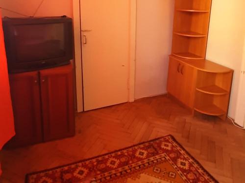 ein Wohnzimmer mit einem TV und einem Teppich in der Unterkunft Эконом вариант - квартира в центре из первых рук in Tschernihiw