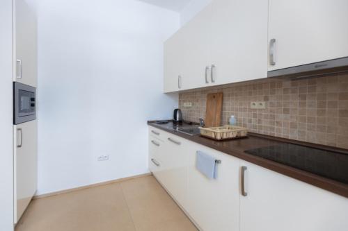 a kitchen with white cabinets and a counter top at Hájenka Budislav in Budislav