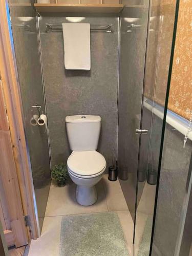 a small bathroom with a toilet in a stall at Runaway Northumberland in Morpeth